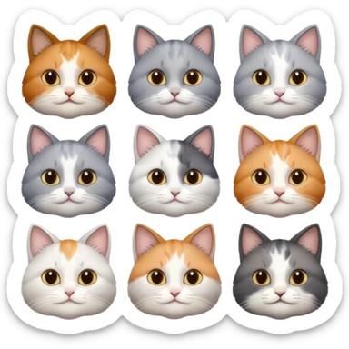 6 realistic looking cats with different natural coloured coats, assorted grey and white, greys, calico, brown and white colours etc
 sticker