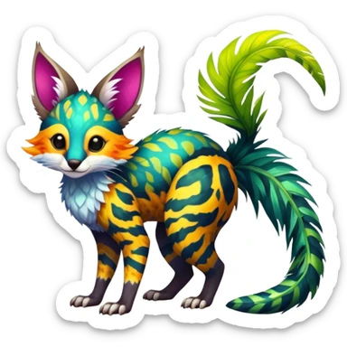 Feral Rare Fantasy vibrant colorful tropical Vernid-Trico-species by LiLaiRa, random markings, tufted tail, tufted ears, full body sticker