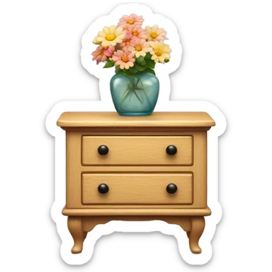 vintage night stand, light wood, vase with flowers on top sticker
