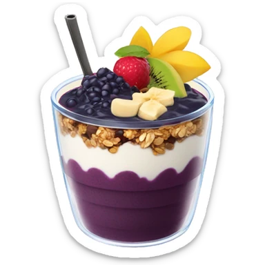 Açaí in a clear cup with layers of fruits and granola and condensed milk sticker