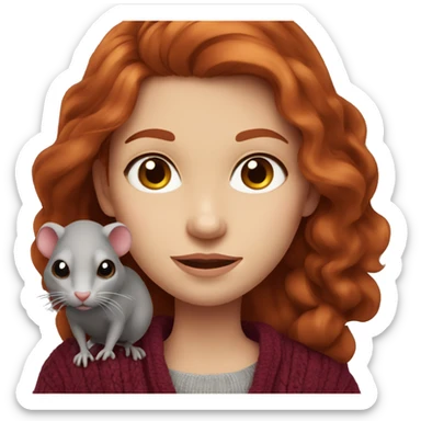 redhead girl with grey eyes with long hair and Dyson styling in a burgundy sweater and a rat on her shoulder sticker