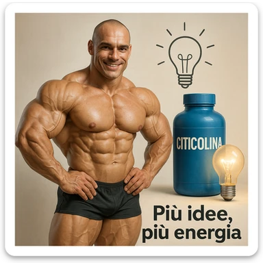 hyper realistic bodybuilder with Citicolina and lightbulb symbol, sculpted muscles, blue bottle, lit lightbulb next to it, text 'Più idee, più energia', creative atmosphere, light background sticker