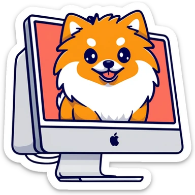 iMac monitor with a Pomeranian dog photo displayed on screen sticker