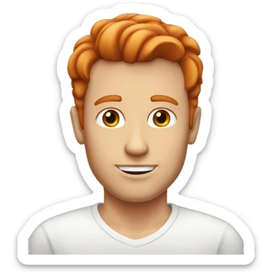 A white guy with red hair that is slightly long. He has a big forehead sticker