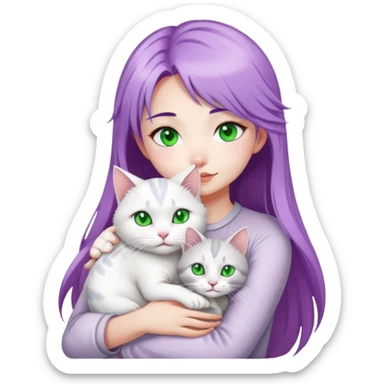 a purple hair Asian girl with white skin, hug a silver&white highland cat with green eyes sticker