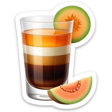 small clear glass with layered carajillo drink - amber liquor on bottom, dark coffee on top, with a slice of cantaloupe melon on the side sticker