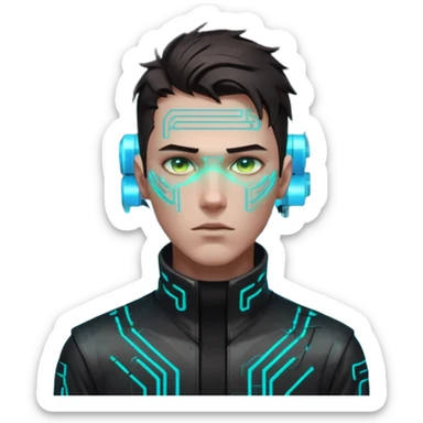 Cyberpunk male head, messy dark hair, glowing circuit patterns tracing from neck to temple, eyes reflecting shifting neon code, clean-shaven, futuristic minimalist aesthetic. sticker