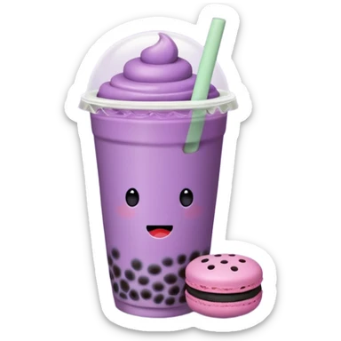 purple bubble tea emoji with a macaron on the side, no face, classic emoji look sticker