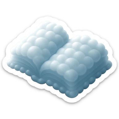 top view of a thick open book made entirely of small, very bright white fluffy convex clouds, matte glass style sticker