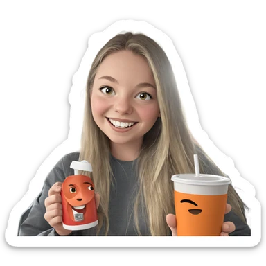 smiling girl with cup by car sticker