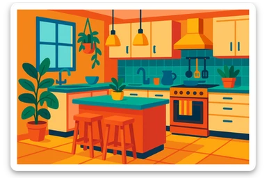 kitchen room with island counter, hanging lights, and plants in a vibrant toon style sticker