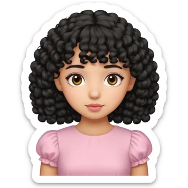 uma menina fofa de pele oliva e cabelos pretos encaracolados e com franja encaracolada e um vestido rosa pastel sticker