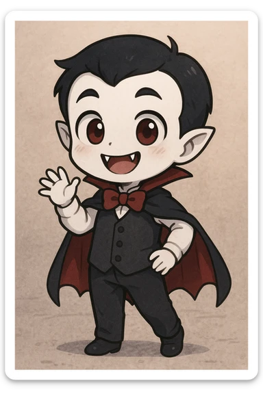 chibi vampire boy, very pale skin, big eyes, fangs showing, friendly look sticker