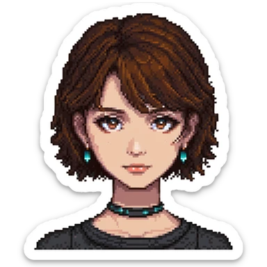 A pixel art girl with brown eyes, short brown hair without bangs, and a septum piercing. sticker