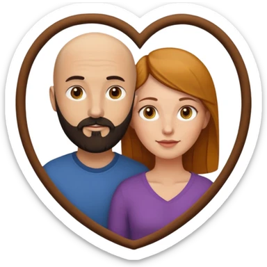 Couple. Bald man with dark brown-black beard. White woman with many small, faded freckles, white skin and she has auburn-yellow-brown-caramel, dark hair. She has light yellow-brown eyes. The man have hazel eyes. They are inside a big heart. sticker