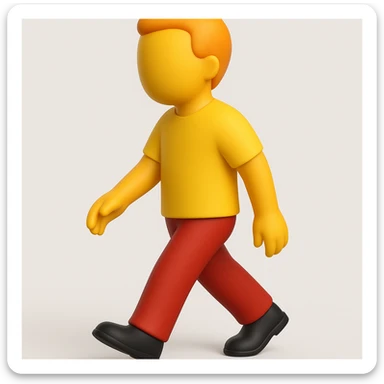 Create a walking man emoji with moderate red pants, a yellow shirt, and no face, in a 3D emoji style inspired by the reference image. Keep the pose and proportions similar to the original. sticker