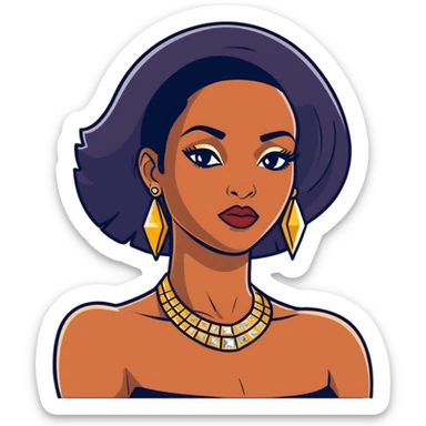 beautiful, curvy African American woman with dark brown skin, straight black hair, bold makeup, gold jewelry, diamonds, confident pose, inspired by Bratz doll sticker