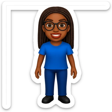 Kemi Badenoch smiling emoji with glasses and braided hair standing, transparent background sticker