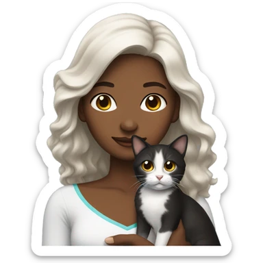 long wavy haired brown skin woman holding black and white cat sticker