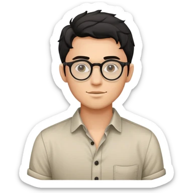 Torso view of young man with black wavy hair, round glasses, casual buttoned shirt, no tie sticker