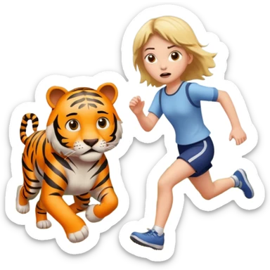 A girl runs away from a tiger sticker