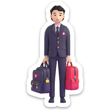 Japanese male high school student in black gakuran uniform with school bag sticker