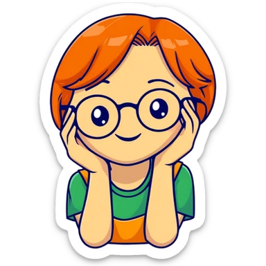 orange-haired shy nerd girl with round glasses and green eyes sticker