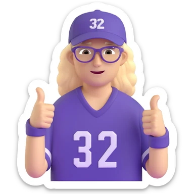 Man with black and white cap, purple sports jersey with number 32, clear glasses, messy light blond mullet hairstyle, thumbs up, content expression sticker