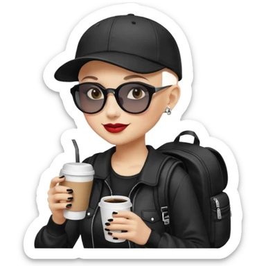 ["A happy woman with light skin, bald, wearing a baseball cap and sunglasses, dressed in goth fashion, is drinking coffee while holding a backpack."] sticker