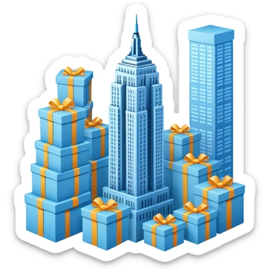 light blue Empire State Building with boxes stacked around, lively sticker