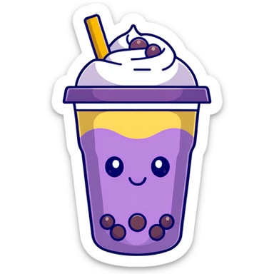 Purple bubble tea cup with a cute face and black tapioca pearls inside sticker