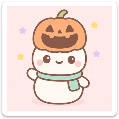 Change the snowman's head to a hollowed-out pumpkin while keeping the body like a classic snowman. Render in kawaii style. Keep the background as is. sticker