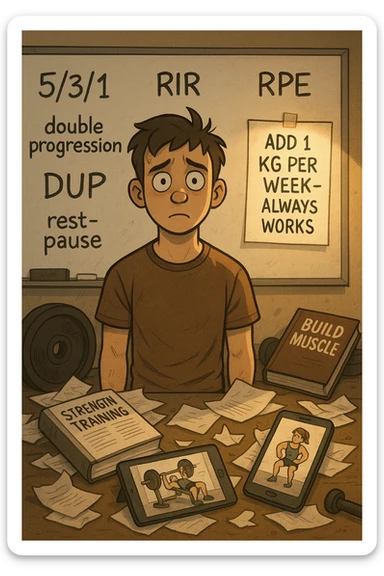 Giovane neofita in palestra, con uno sguardo perso davanti a una lavagna piena di metodi di progressione (5/3/1, RIR, RPE, double progression, DUP, rest-pause). È circondato da libri di allenamento e video tutorial su tablet e smartphone. Dietro di lui, un cartello piccolo ma chiaro: 'Aggiungi 1 kg a settimana – funziona sempre'. Atmosfera caotica intorno, ma luce calda sul messaggio semplice sticker