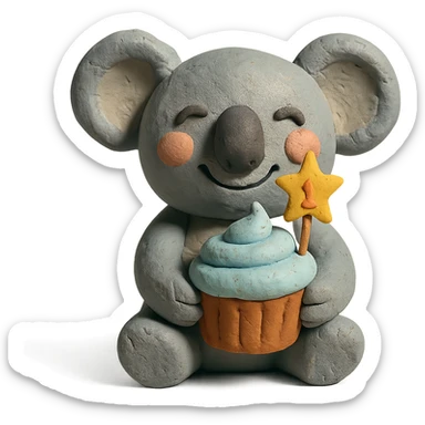 happy koala holding cupcake with 1 star candle in claymation style sticker