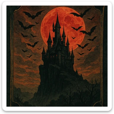 creepy banner, vampire castle on a cliff under blood moon with bats, gothic horror style sticker