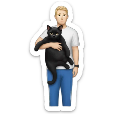 white man with black hair, beany in tracksuit holding a black cat like a baby in arms sticker