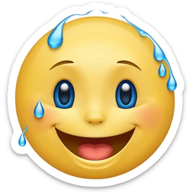 Emoji, yellow round laughing hysterically face, with blue tears of joy on it.  sticker