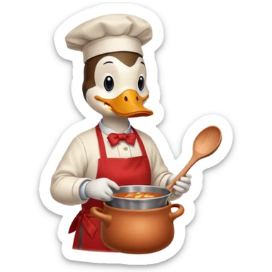 A duck wearing red apron stirring soup in a small pot, looking very focused. sticker