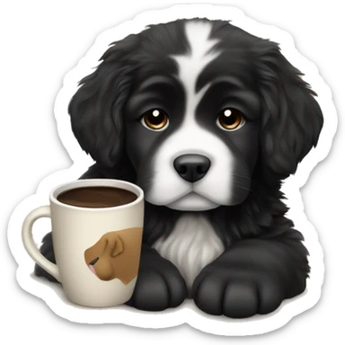 Newfoundland puppy w coffee cup  sticker