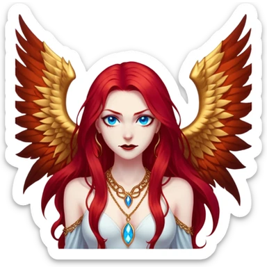 half body portrait of an extremely diabolical girl with massive towering wings, very long flowing blood red hair, glowing blue eyes, black hellfire aura, no horns, evil grin, gold necklace sticker