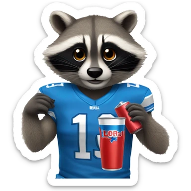A raccoon holding a red bull drink, wearing a blue Detroit lions jersey  sticker