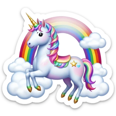 full rainbow with fluffy white clouds on the ends and sparkly with a unicorn riding on the rainbow  sticker
