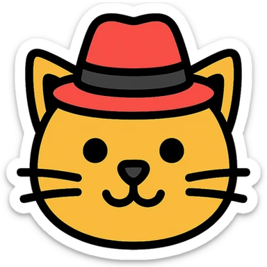 color outlined icon of a cat with a hat, clean lines sticker