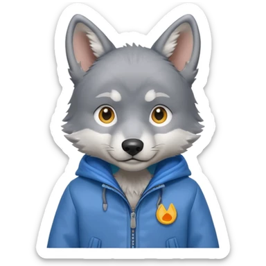 Wolf pup with soft fur and alert ears, jacket, half body, standing sticker