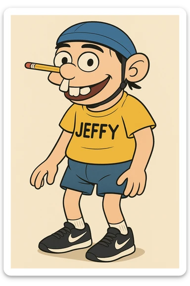 young man with blue helmet, pencil balanced on nose, prominent bunny teeth, yellow shirt labeled 'JEFFY', black Nike sneakers, black eyebrows, playful expression, cartoon style sticker