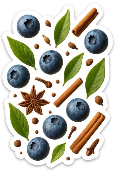 mirtilli, thè verde, spezie, fluttuano in aria, iperrealistico 4k sticker