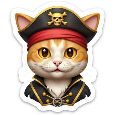 Premium 3D emoji icon of cat, pirate theme, high detail, glossy finish, claymorphism style, soft studio lighting, isolated on white background, 8k resolution, stylized professional look --v 6.0 sticker