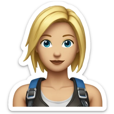 Aya Brea, woman, blonde hair, short hair, blue eyes, big breasts, slim body, leather vest, blue jeans. sticker