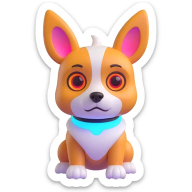 cute dog robot with pointy corgi-like ears, soft rounded body, glowy eyes and joints, friendly futuristic vibe, playful, slightly cartoonish, colorful with glowy accents, highly expressive face and posture, reaction sad sticker