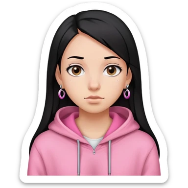 a girl wearing a pink hoodie with black straight hair three piercings on the left ear two on the right sticker